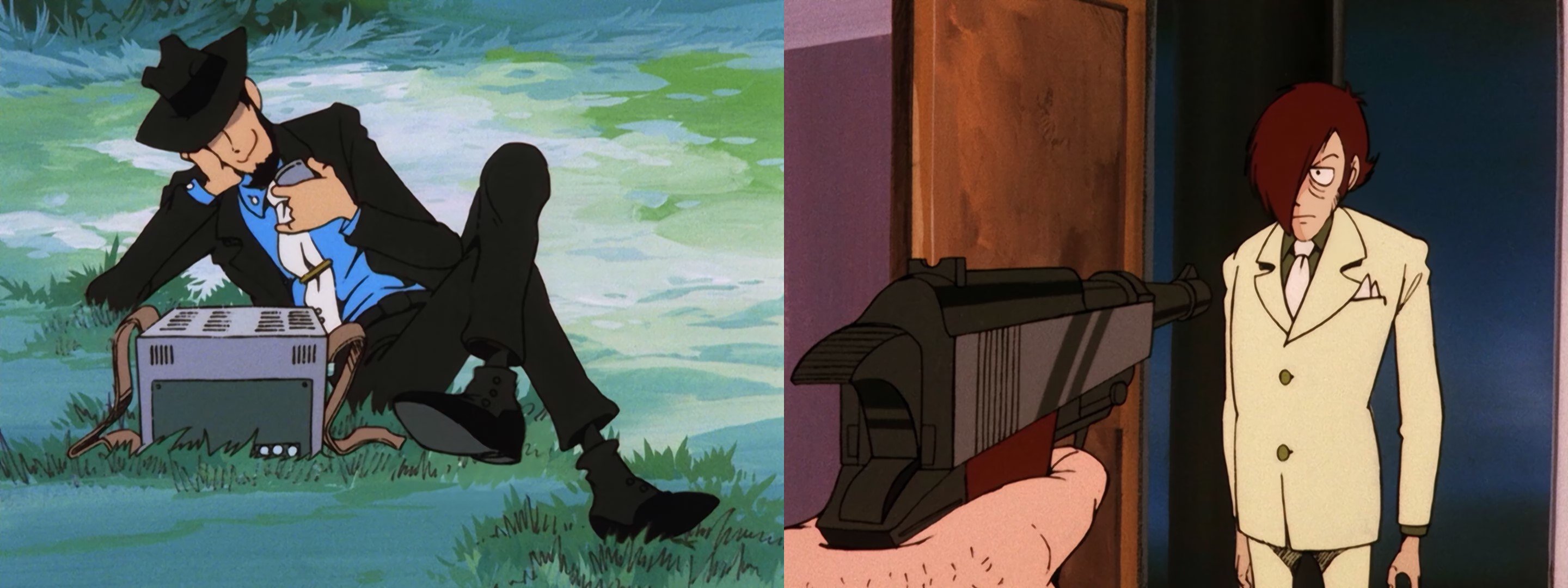 Sulla sinistra: la prima apparizione di Jigen dal primo episodio della serie. La posa è scomposta e rilassata, nessun segno di tensione nonostante lui e Lupin stiano per mettere in atto un piano piuttosto spericolato. In una conversazione con Ōtsuka, Ōsumi ha rivelato di aver usato spesso questa posa come esempio del proprio lavoro nelle conferenze che si è ritrovato a tenere negli anni. Sulla destra: uninquadratura in prima persona di Lupin che punta la sua Walther P38 contro Pycal nel secondo episodio. Dettagli ormai divenuti iconici come le armi e i veicoli usati da Lupin nel manga erano piuttosto generici e sono stati in realtà definiti per la prima volta solo nellanime.