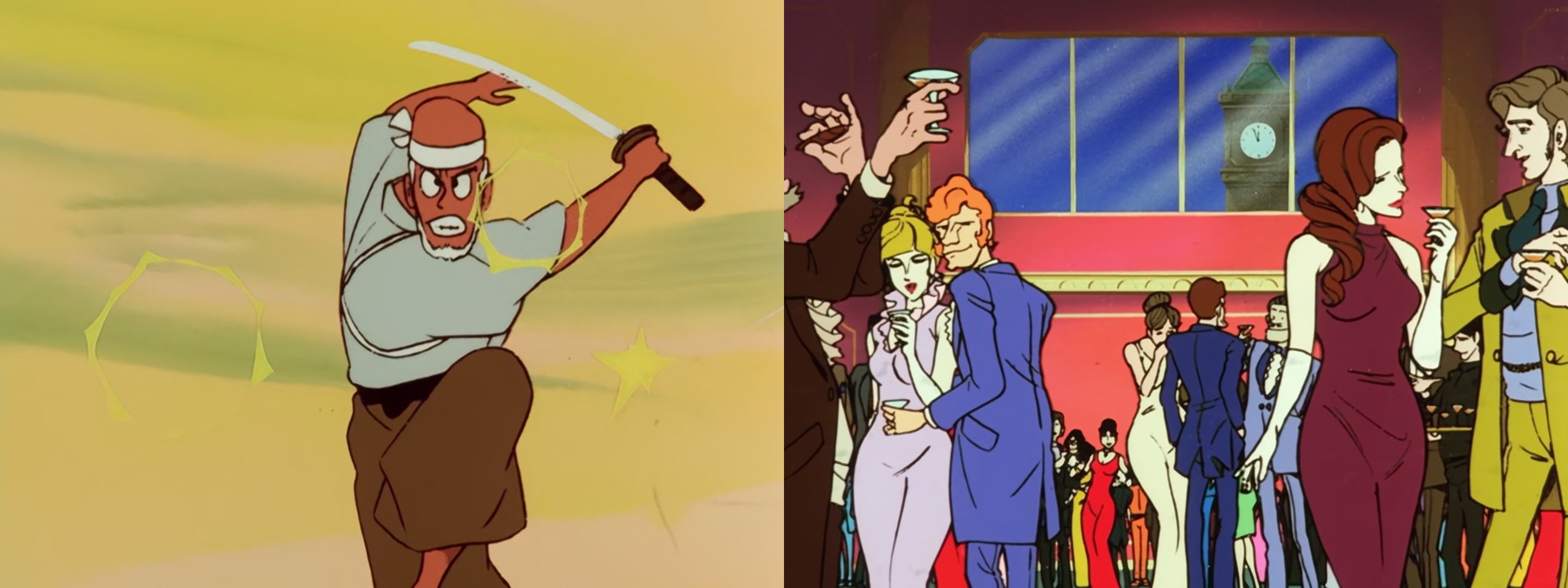 A sinistra: uno degli avversari di Lupin nellepisodio 7 lo insegue allimpazzata parando i suoi colpi con la spada. Alcune di queste scene potrebbero essere state leggermente ritoccate rispetto ai piani iniziali. A destra: la serata di gala con cui si apre lepisodio 8. Lambientazione aristocratica richiama le storie originali di Leblanc a cui Takahata voleva rifarsi, ma non è detto che questa scena nello specifico sia stata ideata da lui. Lo stile di disegno dei personaggi è molto diverso da quello visto sia negli episodi precedenti che da quanto si vedrà in quelli successivi, non è quindi perfettamente chiaro chi sia il disegnatore di questo cut.