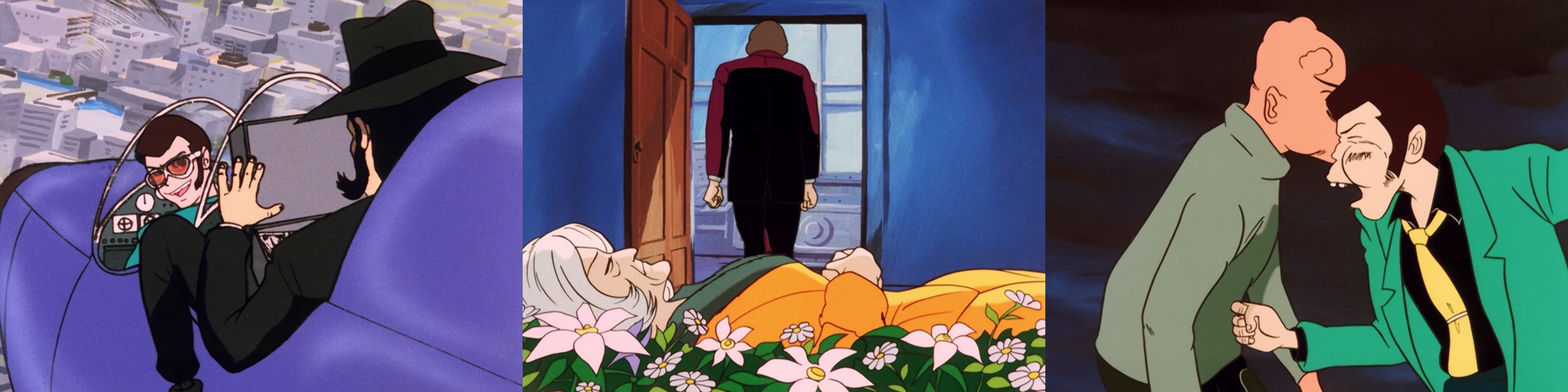 A sinistra: Lupin e Jigen in una delle scene di volo dellepisodio 10. Al centro: la tragedia di Ivanov e Silver Fox. A destra: Lupin e Flinch pieni di lividi si tirano gli ultimi cazzotti prima di stramazzare entrambi a terra.