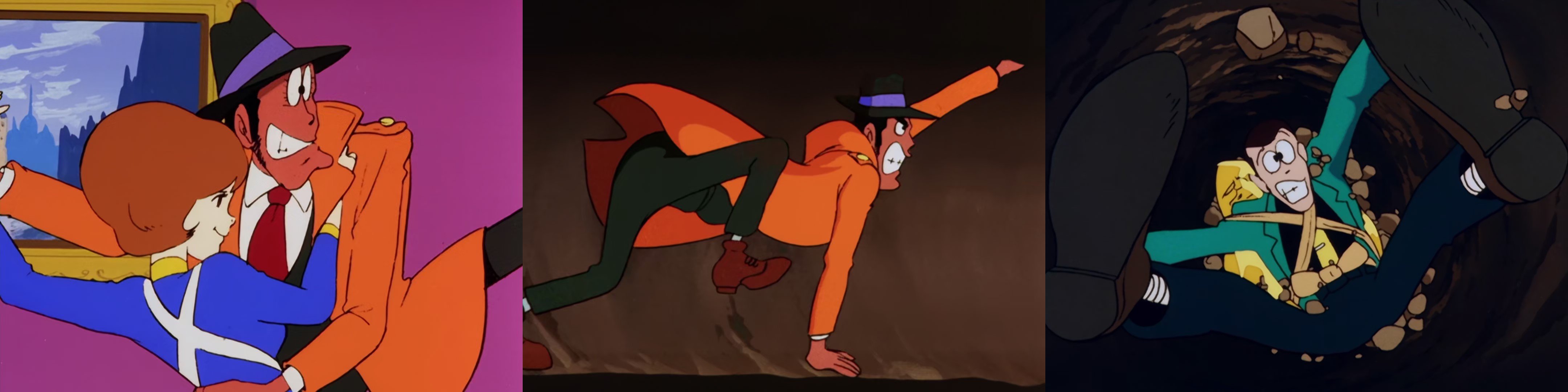 A sinistra: Fujiko e Zenigata dallepisodio 14 danzano in quella che è una delle scene più divertenti e meglio animate della serie. Caschetto, corpo più esile, vestiti meno audaci: la nuova Fujiko è un personaggio molto diverso sia nellaspetto che nel carattere. Conserva ancora la sua indipendenza, mentre quel che ha perso in fascino misterioso lo ha compensato in grinta. Al centro: Zenigata nellepisodio 15 in una corsa impossibile per fermare Lupin. Miyazaki e Takahata hanno sensibilmente aumentato la presenza di Zenigata nella serie e lo hanno reso un vero e proprio terremoto. A destra: sempre dallepisodio 15, Lupin in trappola. Tanta della comicità della seconda metà della serie viene anche dal modo con cui vengono disegnati i corpi e i volti durante le disavventure dei personaggi.