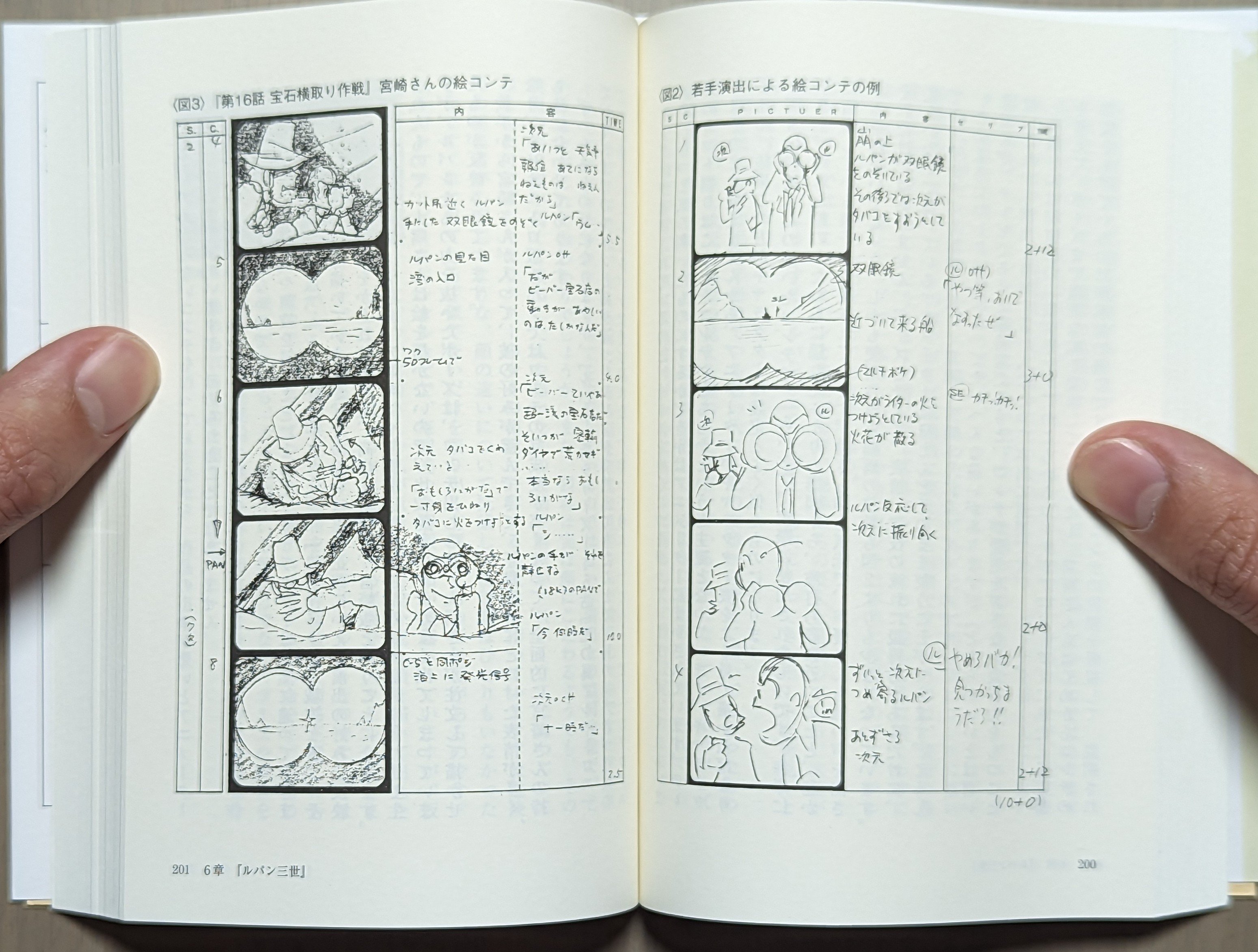 Nel capitolo in cui parla di Lupin III Part 1 del suo libro autobiografico Sakuga ase mamire, Ōtsuka spende alcune pagine per parlare dellimportanza di uno storyboard dettagliato usando quelli realizzati da Miyazaki come esempio. La precisione nel ritrarre le pose, le inquadrature e i movimenti di macchina sono fondamentali per la buona riuscita dellepisodio finale. A questo proposito, Ōtsuka racconta che gli storyboard di Miyazaki sono così dettagliati da influenzare persino lo stile di disegno degli animatori che li usano come riferimento e per questo nelle sue opere è possibile rivedere la sua impronta un po dappertutto. In foto: due pagine dal libro che mettono a confronto due storyboard che ritraggono la stessa sequenza (si tratta della scena di apertura dellepisodio 16). Il primo (sulla destra) è loriginale, il secondo (sulla sinistra) è invece la versione ridisegnata da Miyazaki.